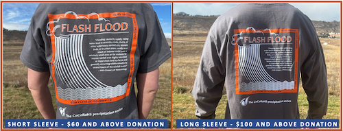 Image of the Flash Flood T-shirt with the AMS Glossary definition of Flash Flood along with common warnings about flash floods
