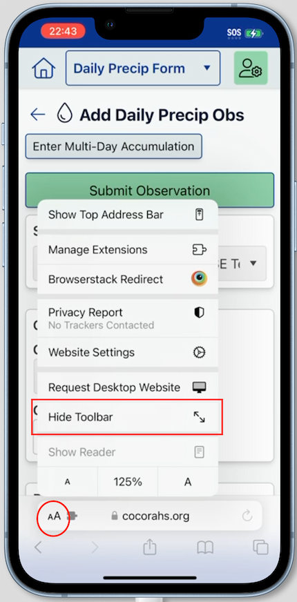 Screenshot of hide toolbar option in Safari